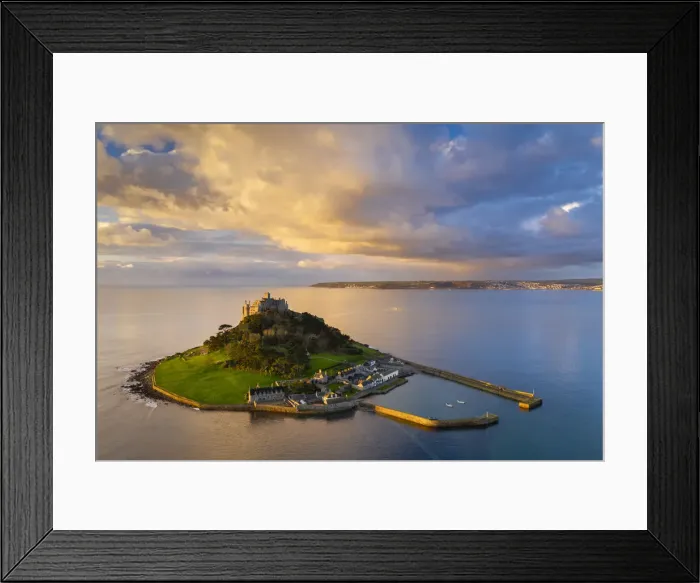 Framed Print : Aerial view of St Michaels Mount at dawn, Marazion, Cornwall, England Framed Print : Aerial view of St Michaels Mount at dawn, Marazion, Cornwall, England
