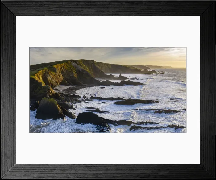 Framed Print : Aerial vista of dramatic coastline near Hartland Quay on the North Devon coast, Devon Framed Print : Aerial vista of dramatic coastline near Hartland Quay on the North Devon coast, Devon