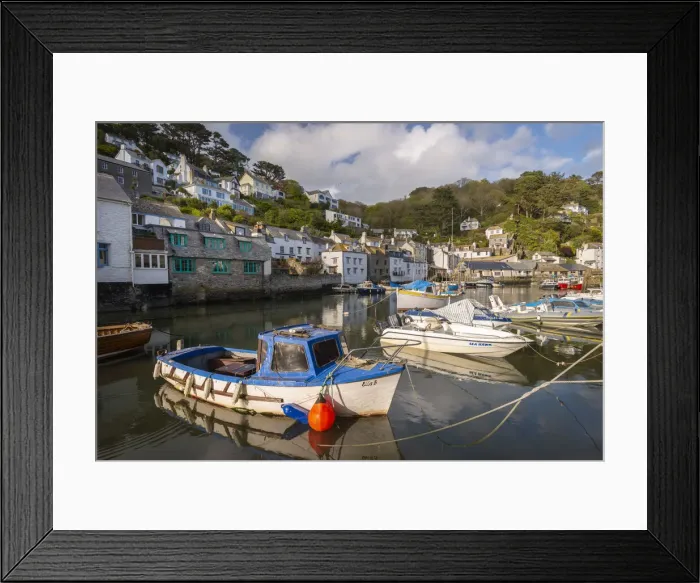 Framed Print : Fishing boat moored in Polperro Harbour on a sunny Spring morning, Cornwall, England Framed Print : Fishing boat moored in Polperro Harbour on a sunny Spring morning, Cornwall, England