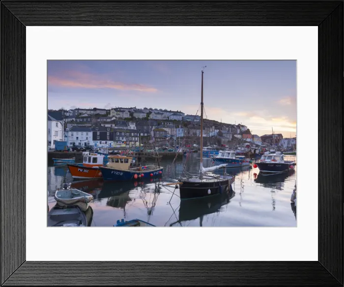 Framed Print : Pink dawn sky above Mevagissey harbour, Cornwall, England. Spring (May) 2015 Framed Print : Pink dawn sky above Mevagissey harbour, Cornwall, England. Spring (May) 2015
