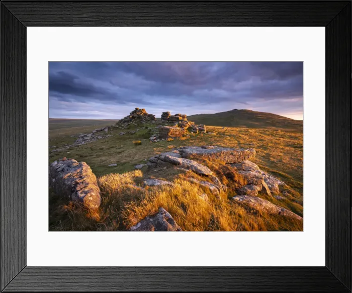 Framed Print : Late summer evening sunlight glowing on the granite outcrops of West Mill Tor in Dartmoor Framed Print : Late summer evening sunlight glowing on the granite outcrops of West Mill Tor in Dartmoor