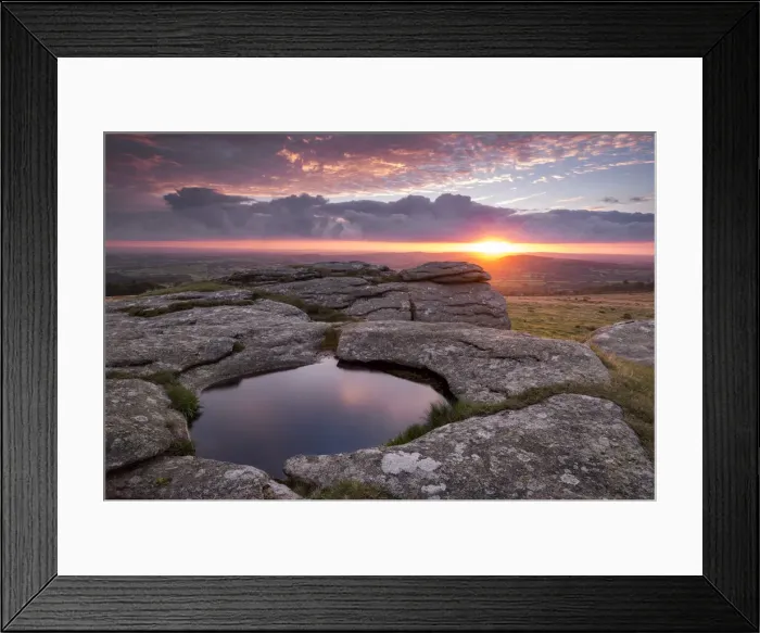 Framed Print : Rock Basin on Kestor at sunrise, Dartmoor National Park, Devon, England Framed Print : Rock Basin on Kestor at sunrise, Dartmoor National Park, Devon, England
