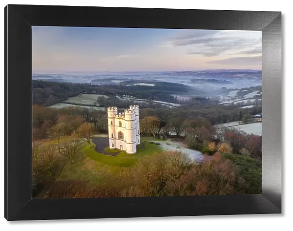 Early morning aerial image of Haldon Belvedere (Lawrence Castle), Devon, England