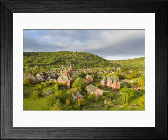 Framed Print : France, Nouvelle-Aquitaine, Correze, Collonges-la-Rouge, aerial view of the red village Framed Print : France, Nouvelle-Aquitaine, Correze, Collonges-la-Rouge, aerial view of the red village