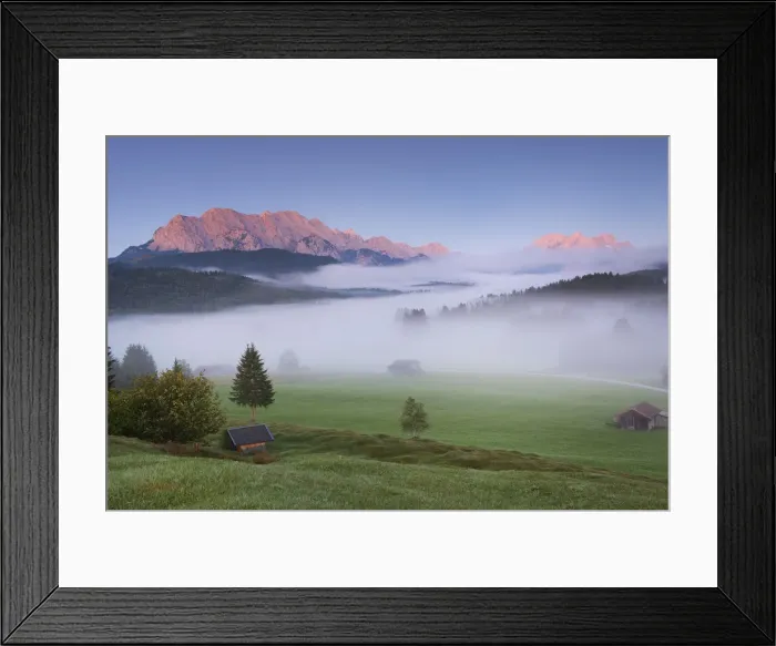Framed Print : Foggy morning against Karwendel Range and Zugspitz-Massif, Upper Bavaria Framed Print : Foggy morning against Karwendel Range and Zugspitz-Massif, Upper Bavaria