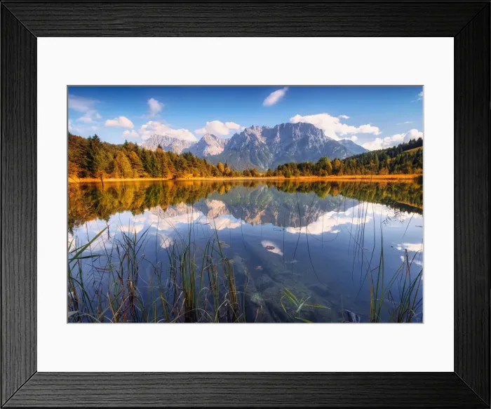 Framed Print : Karwendel range reflected in Lake Luthensee, Alps, Werdenfelser Land, Mittenwald, Bavaria Framed Print : Karwendel range reflected in Lake Luthensee, Alps, Werdenfelser Land, Mittenwald, Bavaria