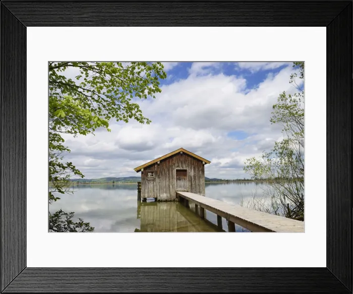 Framed Print : Boats house with jetty at lake Kochelsee, Kochel am See, Toelzer Land, Upper Bavaria Framed Print : Boats house with jetty at lake Kochelsee, Kochel am See, Toelzer Land, Upper Bavaria