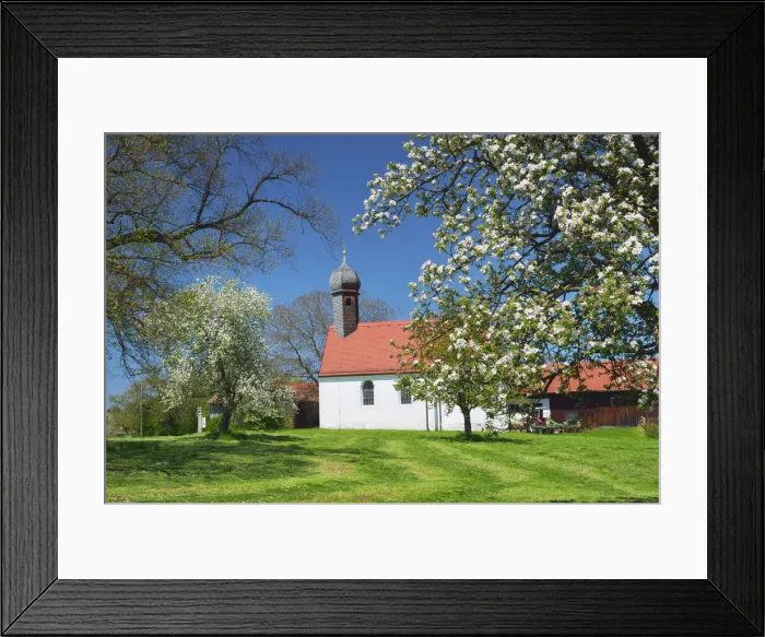 Framed Print : Blooming orchard and chapel in Pfaffing, Upper Bavaria, Bavaria, Germany, Europe Framed Print : Blooming orchard and chapel in Pfaffing, Upper Bavaria, Bavaria, Germany, Europe