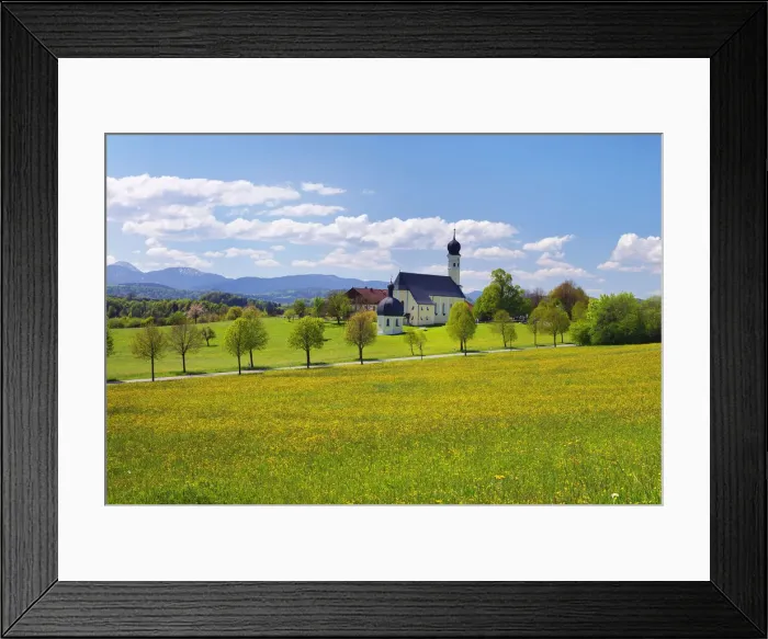 Framed Print : Pilgrimage Church of St. Marinus-Anianus with Mangfall Mountains near Wilparting Framed Print : Pilgrimage Church of St. Marinus-Anianus with Mangfall Mountains near Wilparting