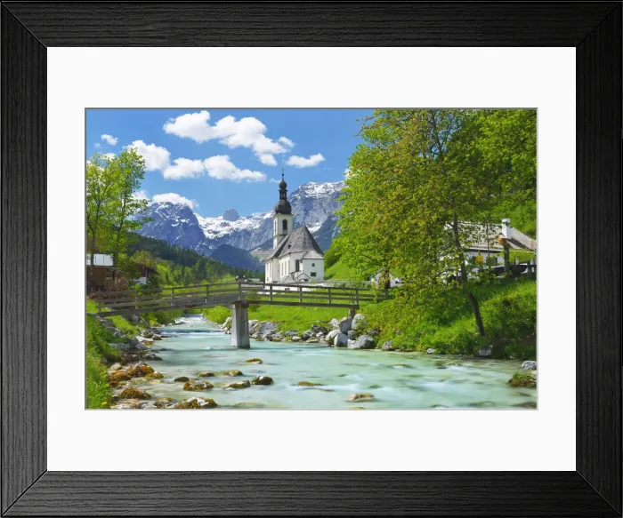 Framed Print : Parish church St. Sebastian, Ramsauer Ache, Reiteralpe in the background, Ramsau Framed Print : Parish church St. Sebastian, Ramsauer Ache, Reiteralpe in the background, Ramsau