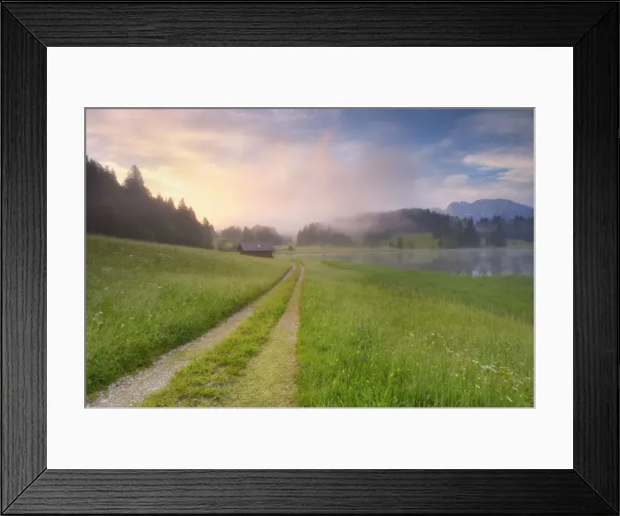 Framed Print : Path at lake Geroldsee at sunrise, near Mittenwald, Werdenfelser Land, Bavaria, Germany