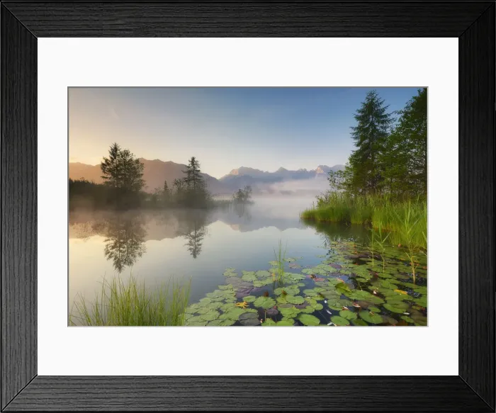 Framed Print : Morning mist at lake Barmsee at sunrise against Karwendel range, Kruen, near Mittenwald Framed Print : Morning mist at lake Barmsee at sunrise against Karwendel range, Kruen, near Mittenwald