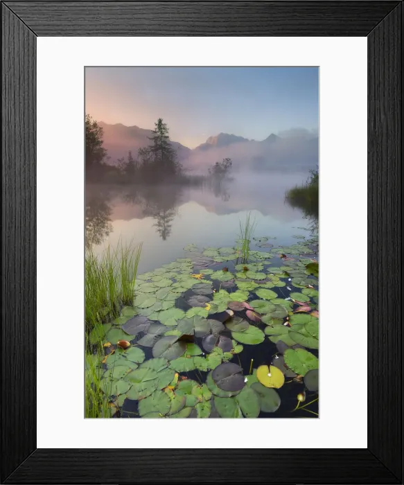 Framed Print : Morning mist at lake Barmsee at sunrise against Karwendel range, Kruen, near Mittenwald Framed Print : Morning mist at lake Barmsee at sunrise against Karwendel range, Kruen, near Mittenwald