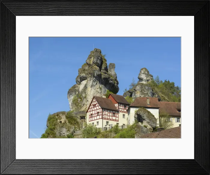 Framed Print : Rocks and half-timbered houses, TAochersfeld, Franconian Switzerland, Bavaria Framed Print : Rocks and half-timbered houses, TAochersfeld, Franconian Switzerland, Bavaria