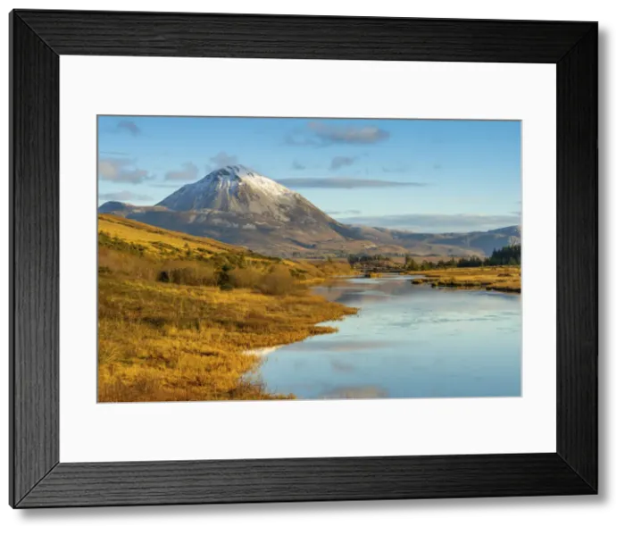 Framed Print : Ireland, Co. Donegal, Snow capped Errigal mountain and Clady river Framed Print : Ireland, Co. Donegal, Snow capped Errigal mountain and Clady river