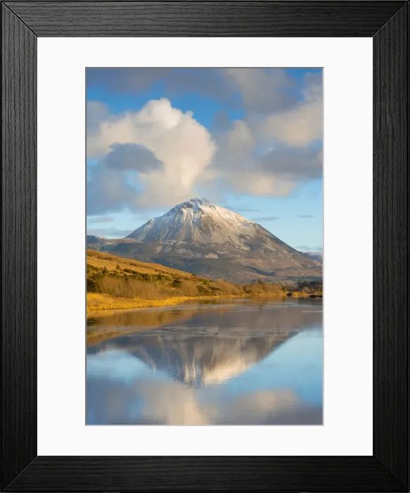Framed Print : Ireland, Co. Donegal, Snow capped Errigal mountain reflected in Clady river Framed Print : Ireland, Co. Donegal, Snow capped Errigal mountain reflected in Clady river
