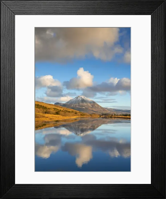 Framed Print : Ireland, Co. Donegal, Snow capped Errigal mountain reflected in Clady river Framed Print : Ireland, Co. Donegal, Snow capped Errigal mountain reflected in Clady river