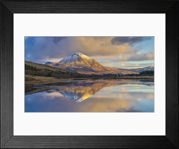 Framed Print : Ireland, Co. Donegal, Snow capped Errigal mountain reflected in Clady river at dusk Framed Print : Ireland, Co. Donegal, Snow capped Errigal mountain reflected in Clady river at dusk