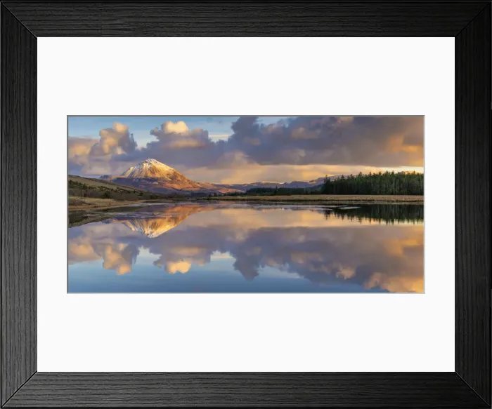 Framed Print : Ireland, Co. Donegal, Snow capped Errigal mountain reflected in Clady river at dusk Framed Print : Ireland, Co. Donegal, Snow capped Errigal mountain reflected in Clady river at dusk