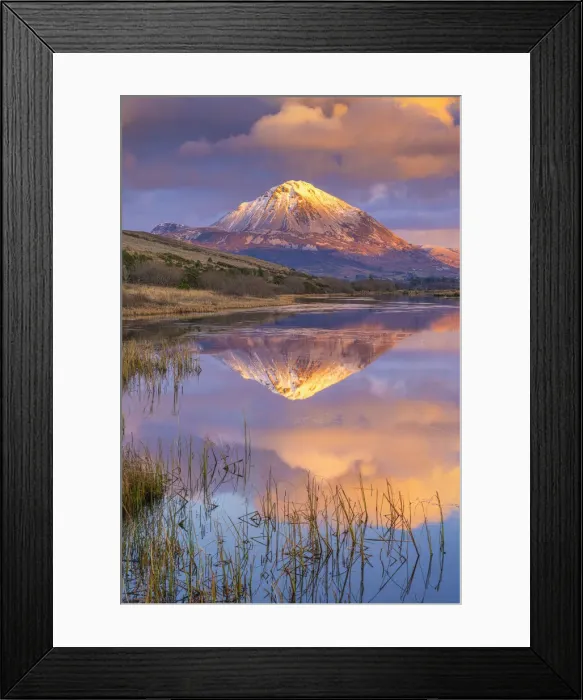 Framed Print : Ireland, Co. Donegal, Snow capped Errigal mountain reflected in Clady river at dusk Framed Print : Ireland, Co. Donegal, Snow capped Errigal mountain reflected in Clady river at dusk