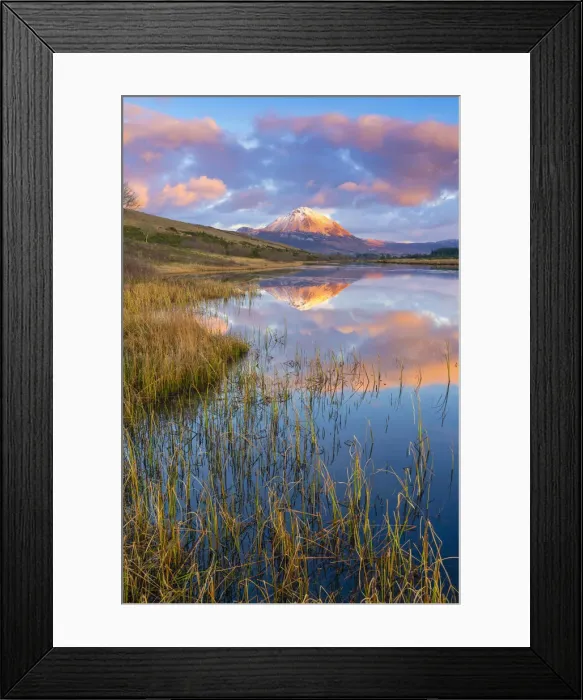 Framed Print : Ireland, Co. Donegal, Snow capped Errigal mountain reflected in Clady river at dusk Framed Print : Ireland, Co. Donegal, Snow capped Errigal mountain reflected in Clady river at dusk