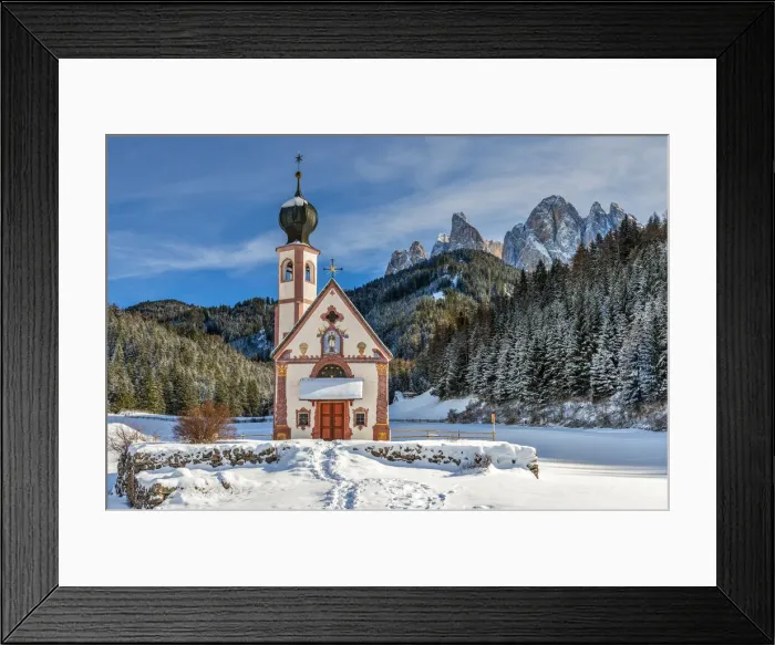 Framed Print : Scenic winter view over St Johann in Ranui church with Odle Dolomites behind Framed Print : Scenic winter view over St Johann in Ranui church with Odle Dolomites behind