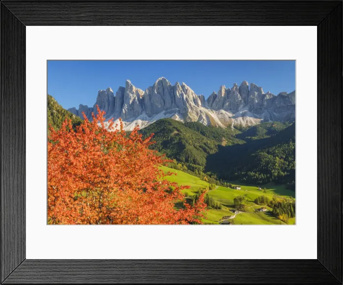 Framed Print : View of St. Maddalena and Sass Rigais (Geisler Peaks), St Framed Print : View of St. Maddalena and Sass Rigais (Geisler Peaks), St