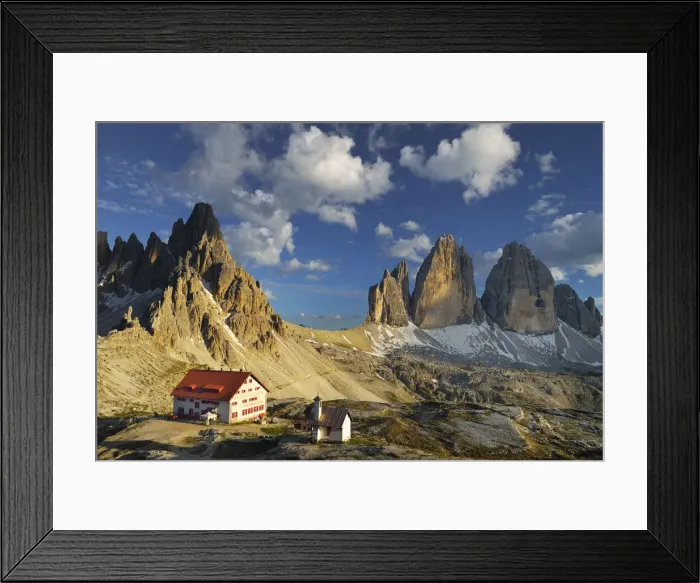 Framed Print : Paternkofel and Tre Cime di Lavaredo with Locatelli-Innerkofler refuge, Dolomites Framed Print : Paternkofel and Tre Cime di Lavaredo with Locatelli-Innerkofler refuge, Dolomites