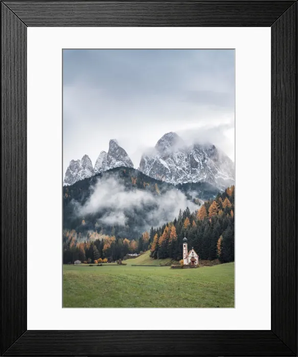 Framed Print : Misty moody autumn view of Santa Magdalena Church and Odle Mount in Trentino Alto Adige Framed Print : Misty moody autumn view of Santa Magdalena Church and Odle Mount in Trentino Alto Adige