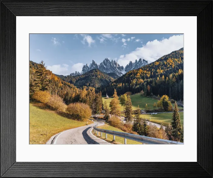 Framed Print : Santa Maddalena Church and road. Autumn landscape scenics, Trentino Alto Adige Framed Print : Santa Maddalena Church and road. Autumn landscape scenics, Trentino Alto Adige
