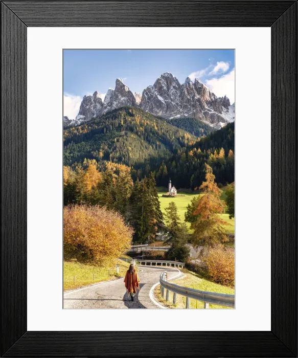 Framed Print : Woman on the road to Santa Maddalena Church. Autumn landscape scenics Framed Print : Woman on the road to Santa Maddalena Church. Autumn landscape scenics