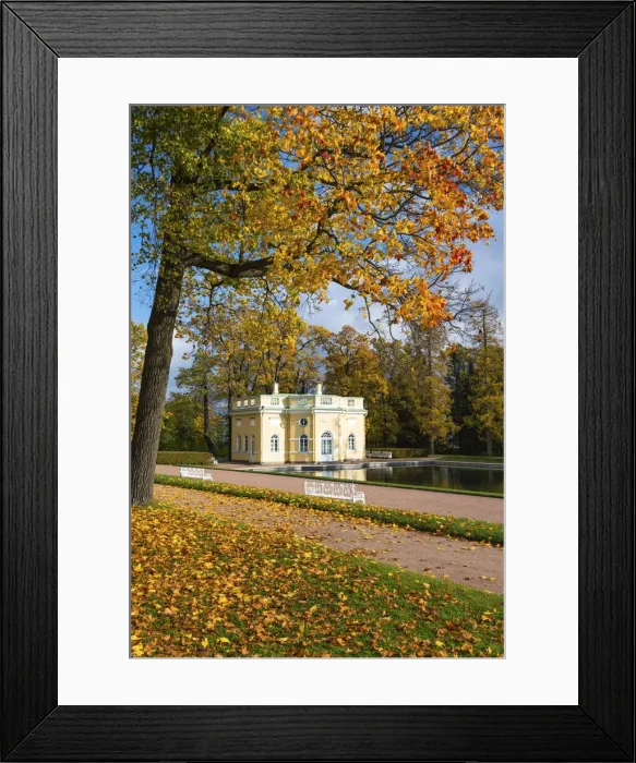 Framed Print : Upper Bathhouse pavilion in autumn, Catherine Park, Pushkin (Tsarskoye Selo), near St Framed Print : Upper Bathhouse pavilion in autumn, Catherine Park, Pushkin (Tsarskoye Selo), near St