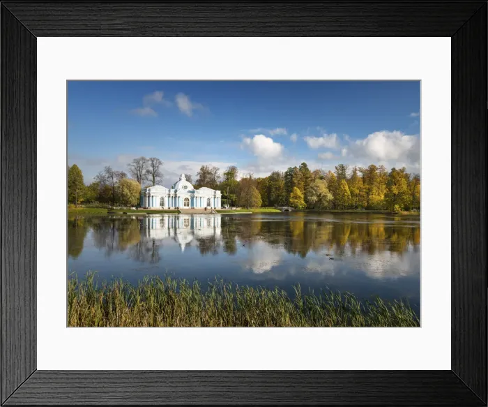 Framed Print : Grotto Pavilion reflected in the Great Pond, Catherine Park, Pushkin (Tsarskoye Selo) Framed Print : Grotto Pavilion reflected in the Great Pond, Catherine Park, Pushkin (Tsarskoye Selo)