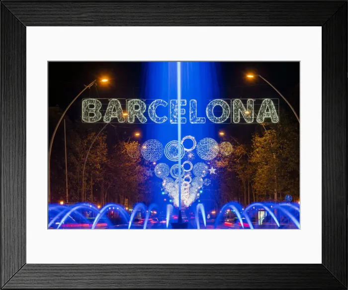 Framed Print : Fountain and Christmas lights in Gran Via avenue, Barcelona, Catalonia, Spain Framed Print : Fountain and Christmas lights in Gran Via avenue, Barcelona, Catalonia, Spain