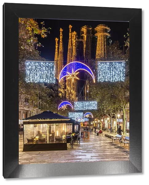 Avinguda Gaudi pedestrian mall adorned with Christmas lights