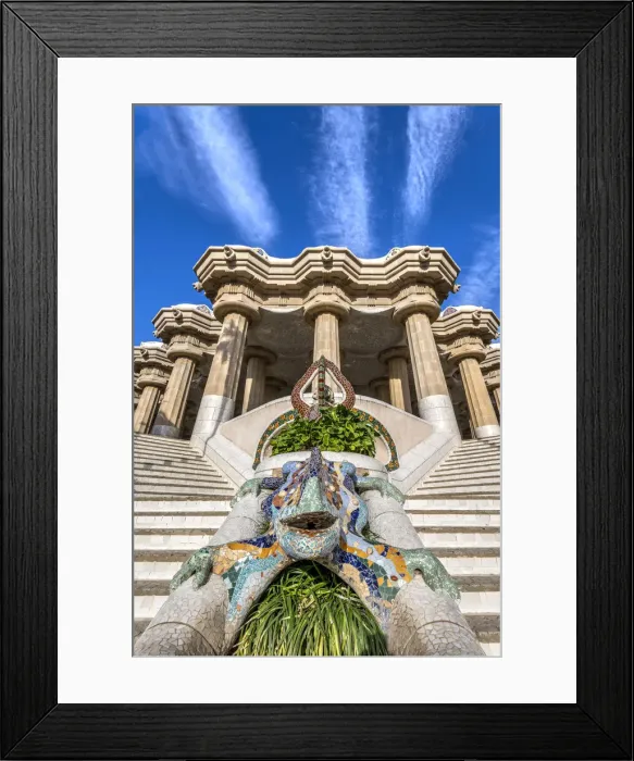 Framed Print : Main staircase with multicolored mosaic salamander, Park Guell, Barcelona, Catalonia Framed Print : Main staircase with multicolored mosaic salamander, Park Guell, Barcelona, Catalonia