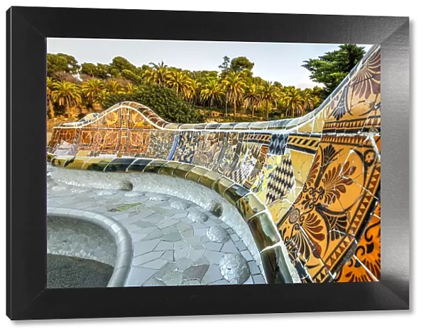 Tiled serpentine bench, Park Guell, Barcelona, Catalonia, Spain