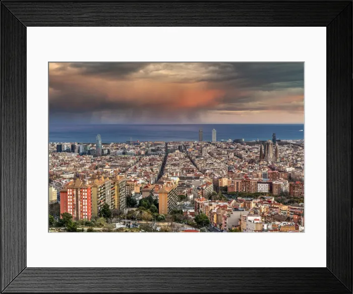 Framed Print : City skyline with stormy sky at sunset, Barcelona, Catalonia, Spain Framed Print : City skyline with stormy sky at sunset, Barcelona, Catalonia, Spain