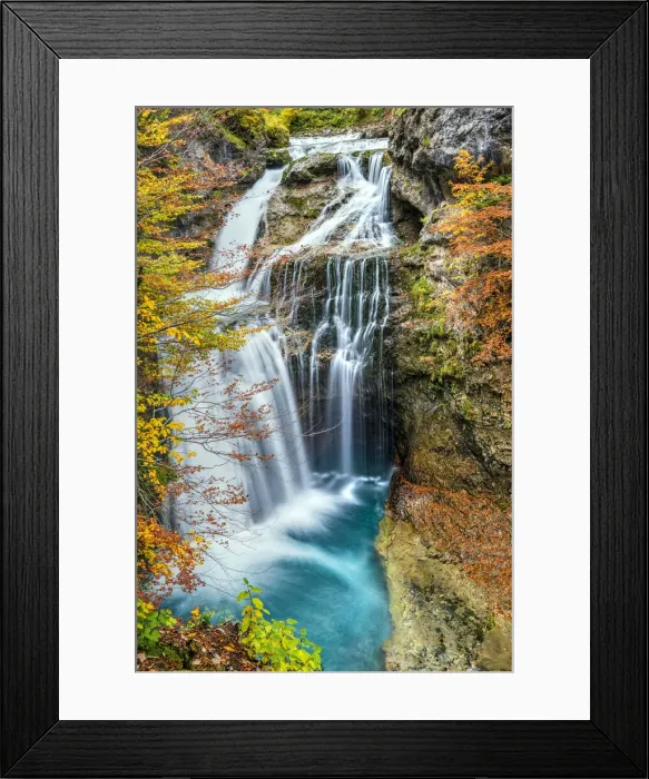 Framed Print : Scenic autumn landscape with La Cueva waterfall, Ordesa y Monte Perdido national park Framed Print : Scenic autumn landscape with La Cueva waterfall, Ordesa y Monte Perdido national park