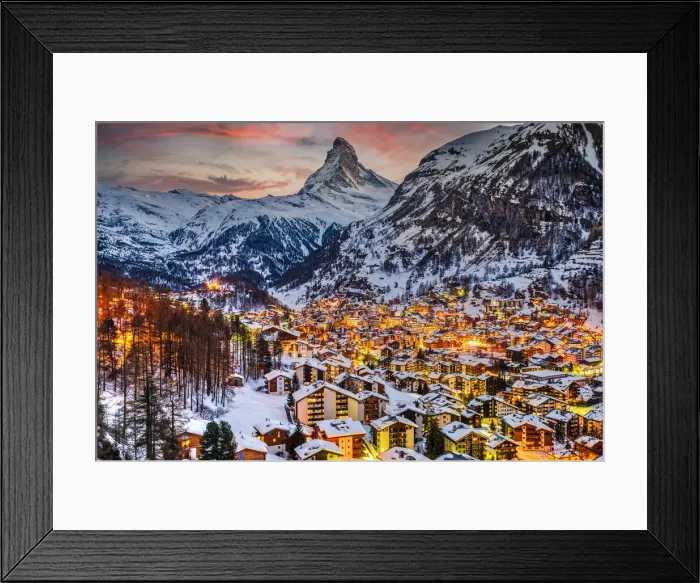 Framed Print : Winter twilight view over Zermatt and the iconic Matterhorn, Valais, Switzerland Framed Print : Winter twilight view over Zermatt and the iconic Matterhorn, Valais, Switzerland
