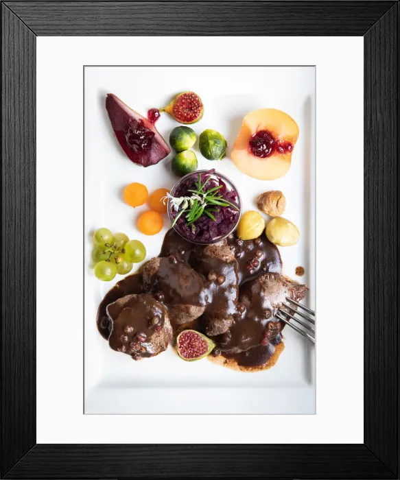 Framed Print : Switzerland, Canton of Valais, Saillon, Deer scaloppines with cranberries sauce Framed Print : Switzerland, Canton of Valais, Saillon, Deer scaloppines with cranberries sauce