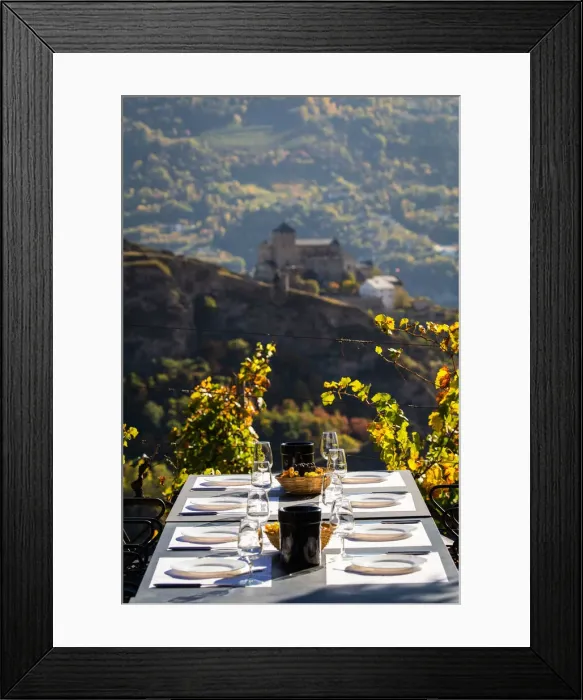 Framed Print : Switzerland, Canton of Valais, Sion, Table set for wine tasting on the Bisse de Clavau Framed Print : Switzerland, Canton of Valais, Sion, Table set for wine tasting on the Bisse de Clavau