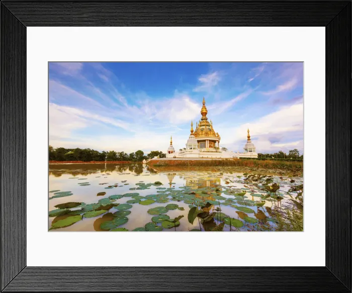 Framed Print : Thailand, Isan, Khon Kaen, Wat thung setthi, temple surrounded by lily pads