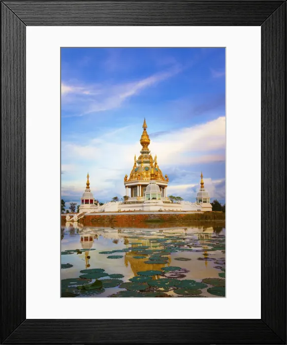 Framed Print : Thailand, Isan, Khon Kaen, Wat thung setthi, temple surrounded by lily pads Framed Print : Thailand, Isan, Khon Kaen, Wat thung setthi, temple surrounded by lily pads