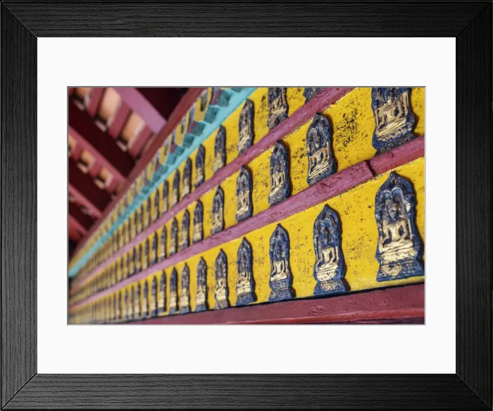 Framed Print : Thailand, Lampang, Wat Pong Sanuk Nua, Buddha decorations on wall Framed Print : Thailand, Lampang, Wat Pong Sanuk Nua, Buddha decorations on wall