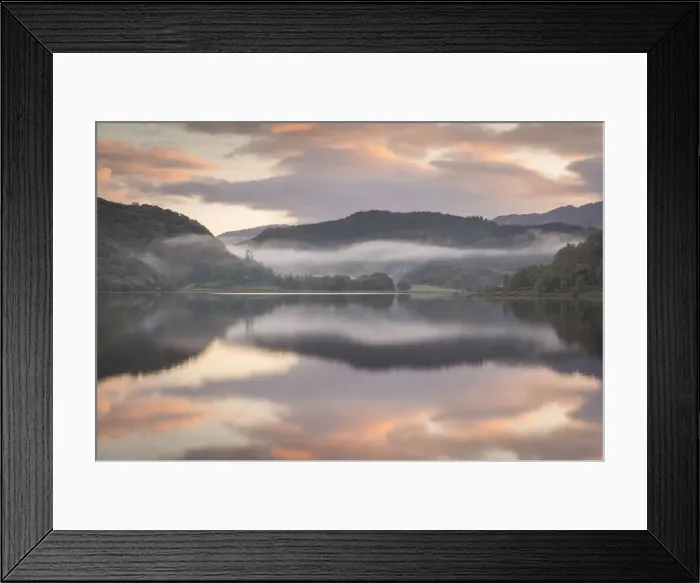 Framed Print : Colourful dawn sky above a reflective and misty Llyn Dinas, Snowdonia National Park