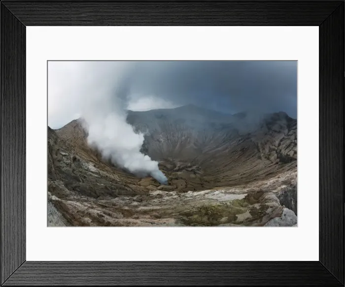 Framed Print : Volcanic landscape at Bromo with gas emission - Indonesia, Java, Tengger Caldera Framed Print : Volcanic landscape at Bromo with gas emission - Indonesia, Java, Tengger Caldera