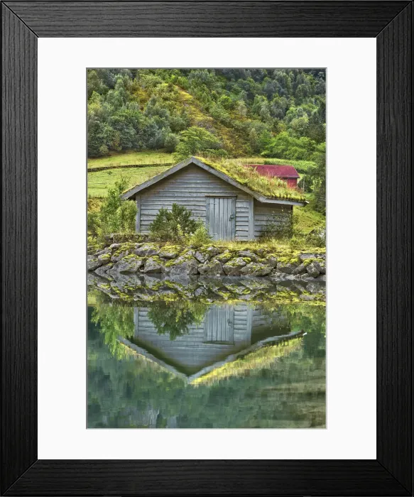 Framed Print : Fishermen hut mirrored in lake - Norway, Sogn og FjordaneNordfjord, Stryn, Strynevatnet Framed Print : Fishermen hut mirrored in lake - Norway, Sogn og FjordaneNordfjord, Stryn, Strynevatnet