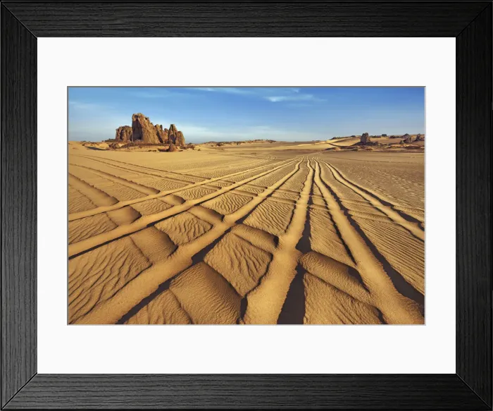 Framed Print : Erosion landscape in Tassili du Hoggar with car traces - Algeria, Tassili Hoggar Framed Print : Erosion landscape in Tassili du Hoggar with car traces - Algeria, Tassili Hoggar