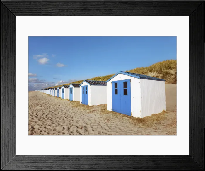 Framed Print : Bathing beach with beach cottages - Netherlands, North Holland, Texel Framed Print : Bathing beach with beach cottages - Netherlands, North Holland, Texel
